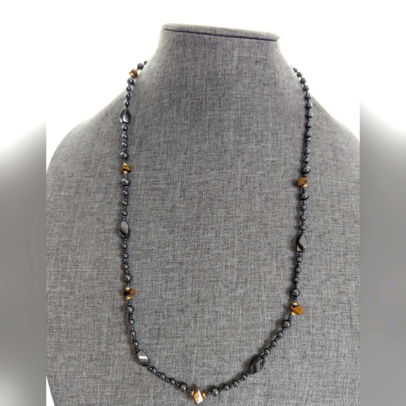 Vintage Hematite Tigers Eye Gemstone Beaded Layering Boho Necklace - Picture 1 of 3